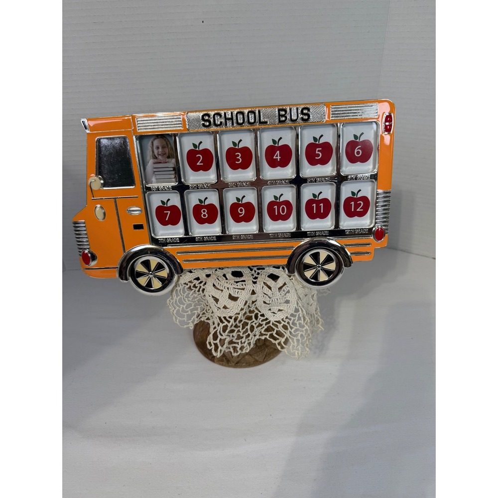 TR School Bus K-12 Multi Photo Picture Frame Orange Silver Tone 1st-12th Grade